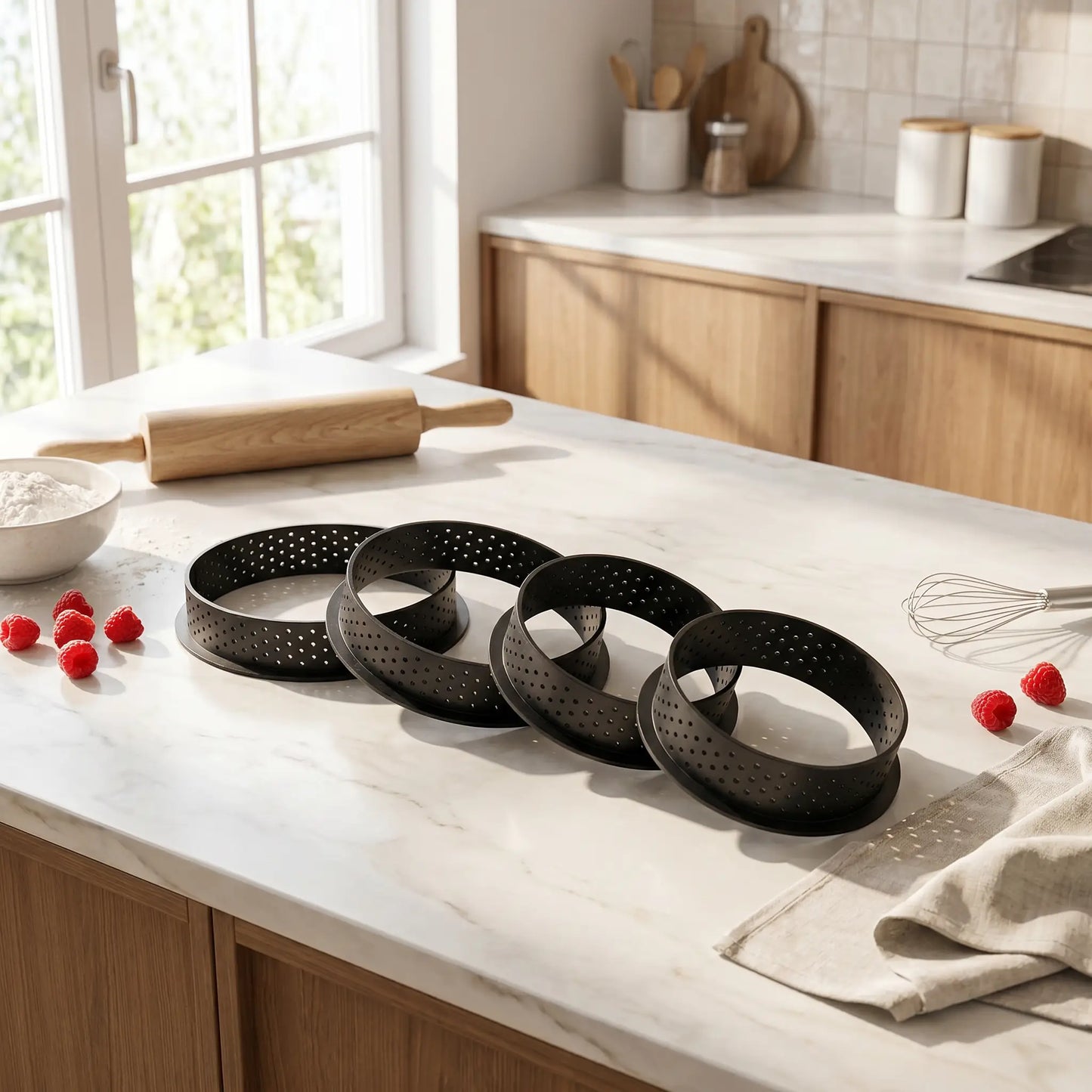 Set 4 Cercle tarte perforé sur plan travail cuisine aménagé