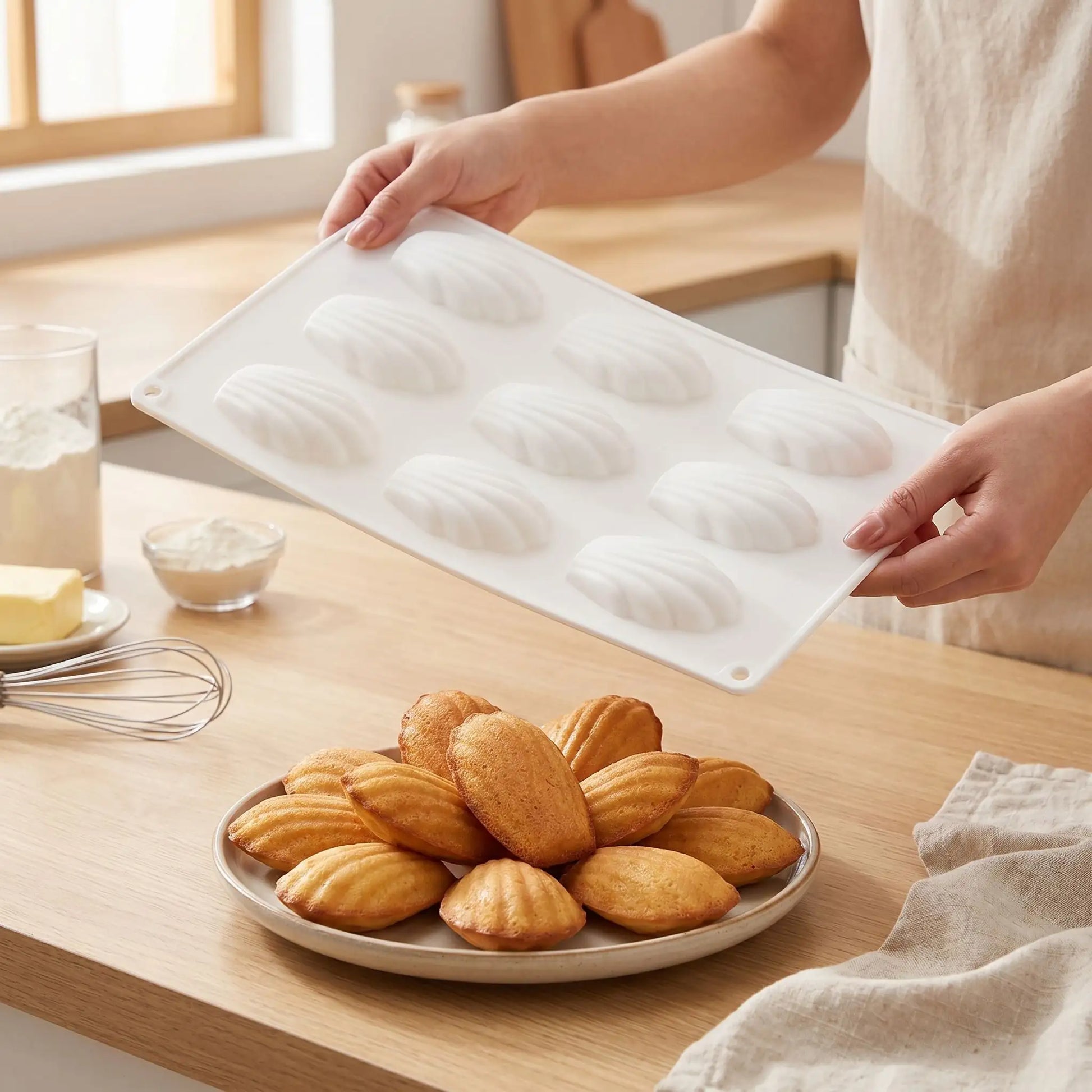 Femme tenant moule à madeleine et madeleine dans assiette 