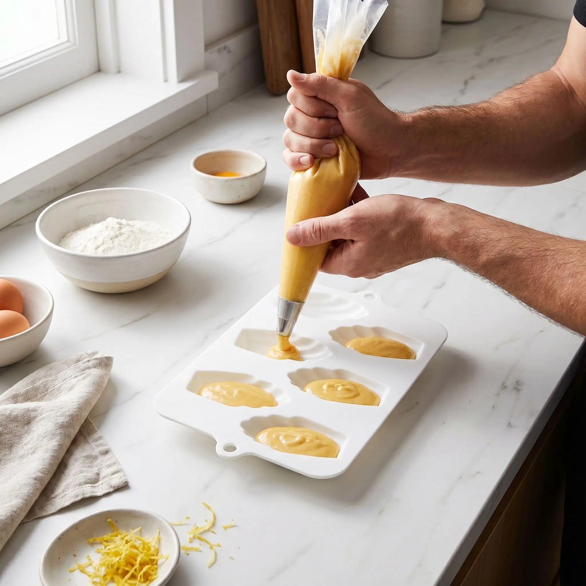 Remplissage moule à madeleine sur plan travail cuisine 