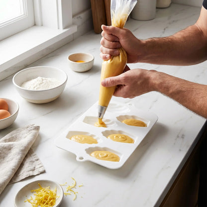 Remplissage moule à madeleine sur plan travail cuisine 