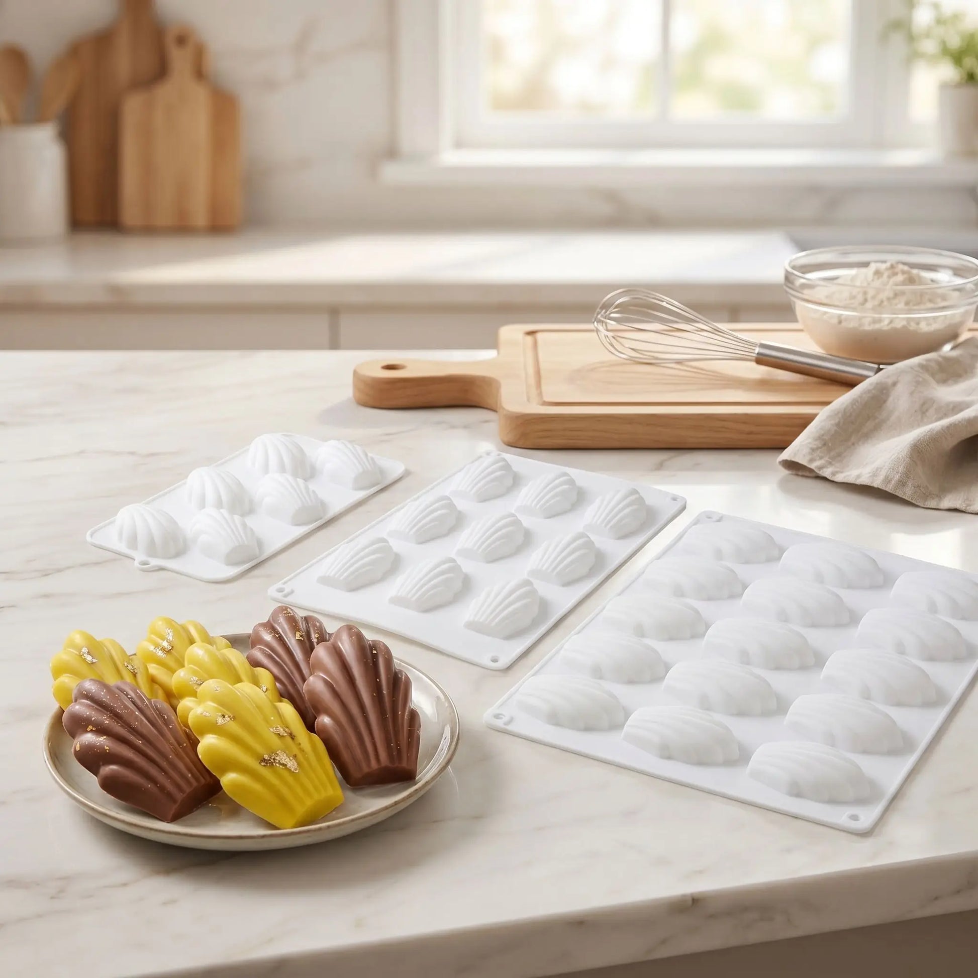 trois moule à madeleine et madeleine sur plan travail cuisine 