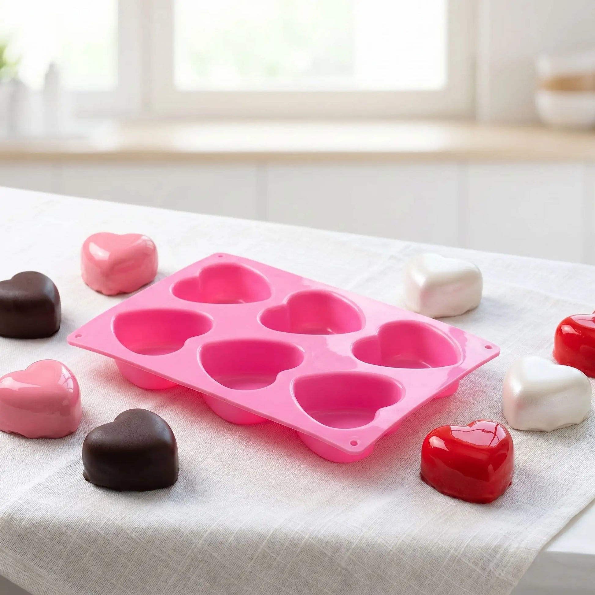 Moule cœur silicone avec gâteau cœur sur table nappe blanche
