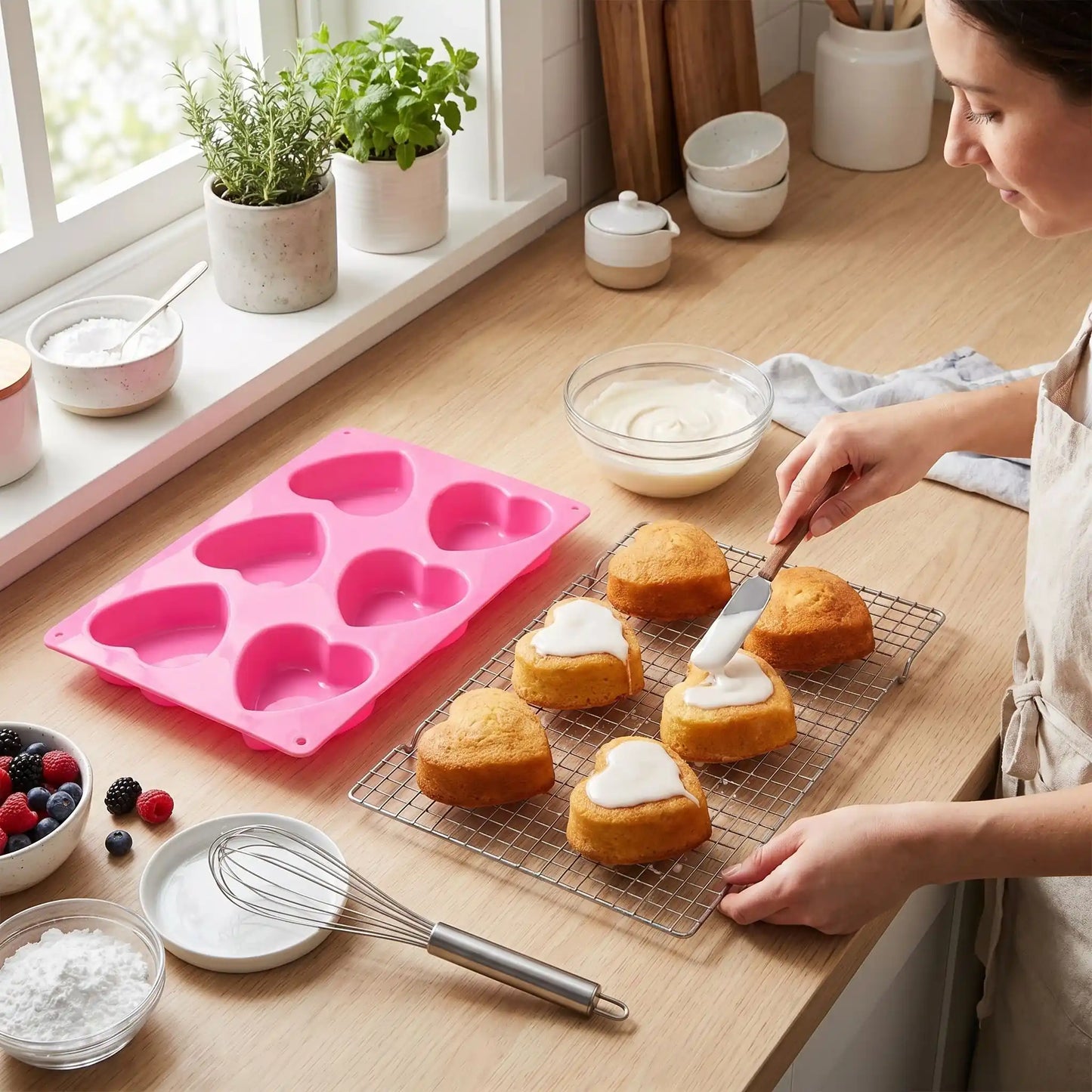 Femme nappe gâteau avec Moule cœur silicone dans cuisine
