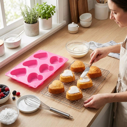 Femme nappe gâteau avec Moule cœur silicone dans cuisine