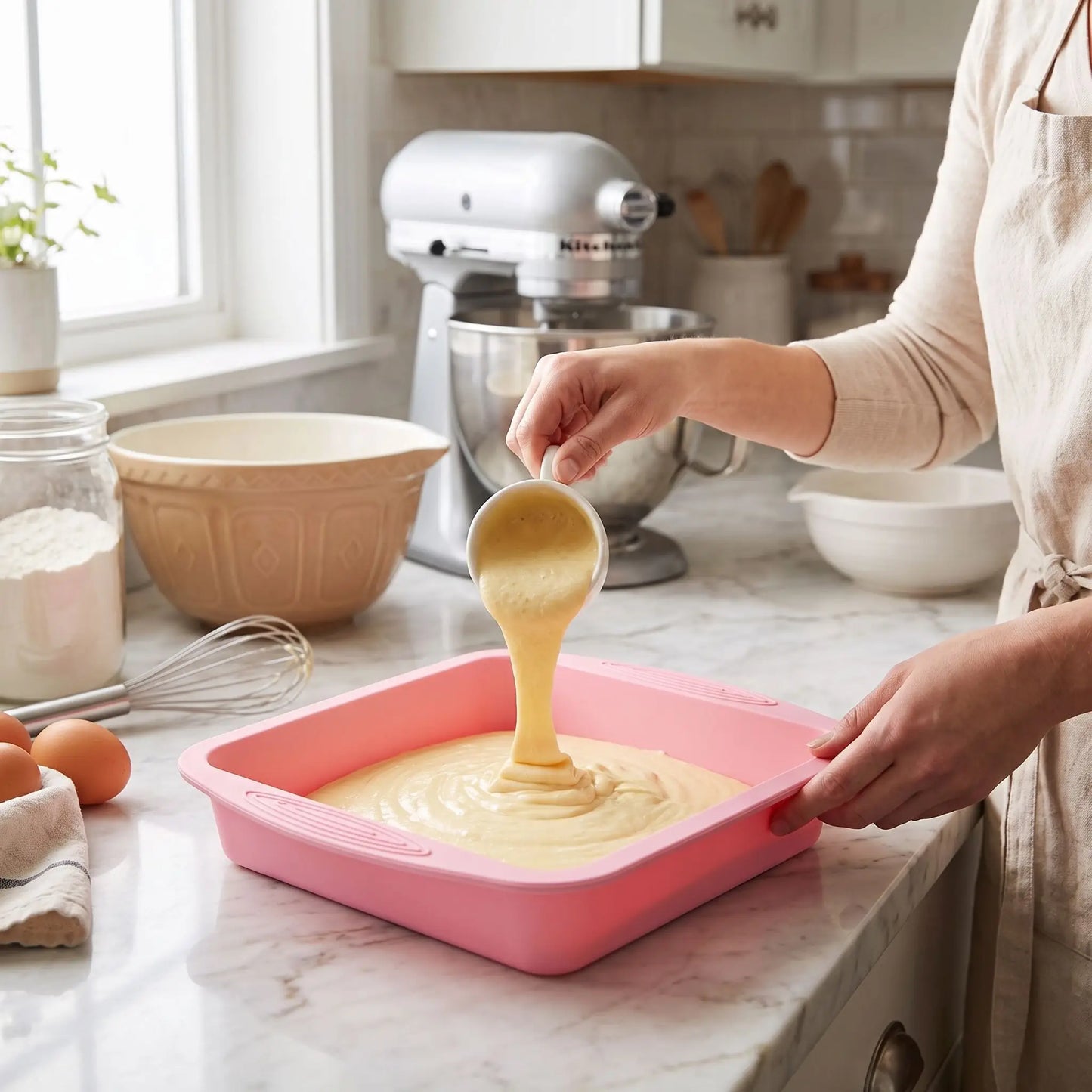 Femme verse pâte gâteau dans Moule carré en silicone