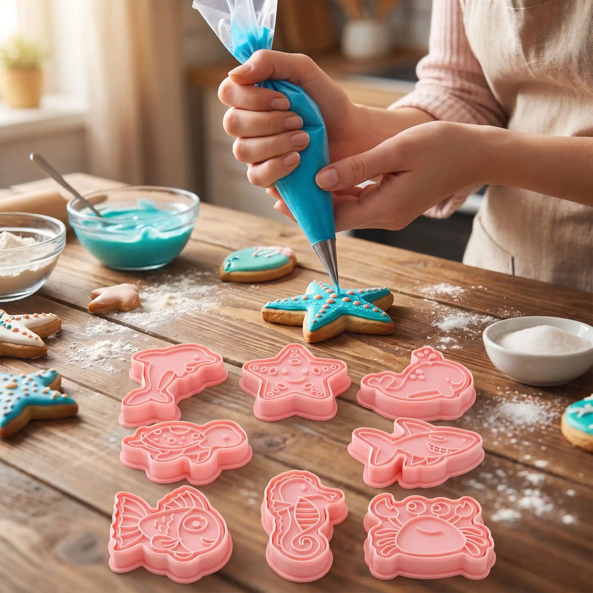 Emporte pieces pour biscuits avec femme décorant biscuit sur table