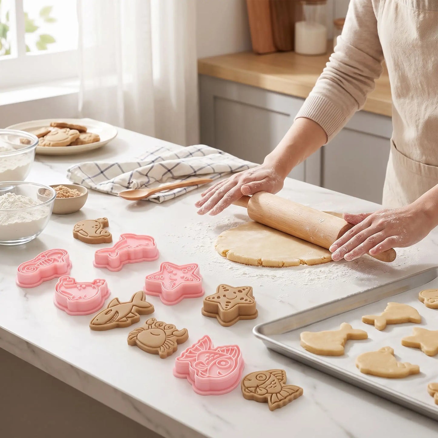 Emporte pieces pour biscuits sur table avec femme préparant pâte 