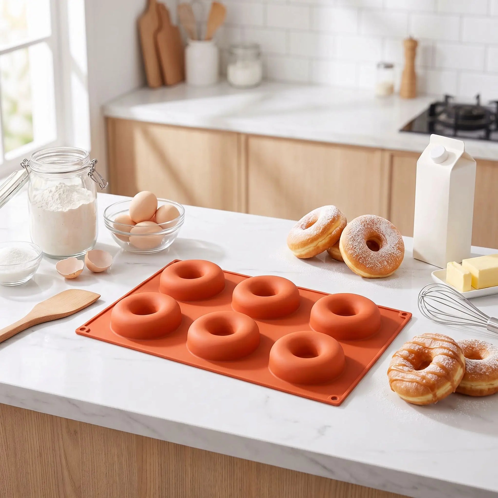 Moule a donuts sur table cuisine avec donuts