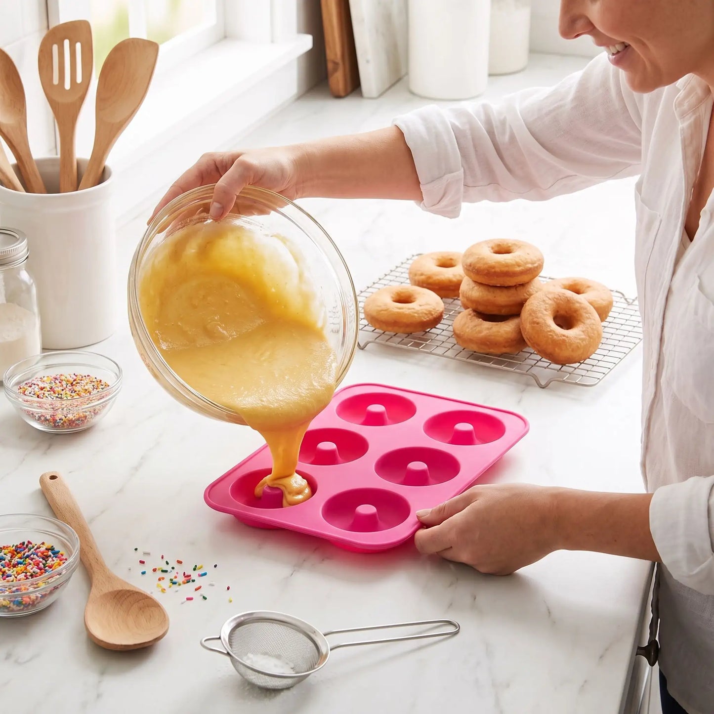 Femme versant préparation dans Moule a donuts