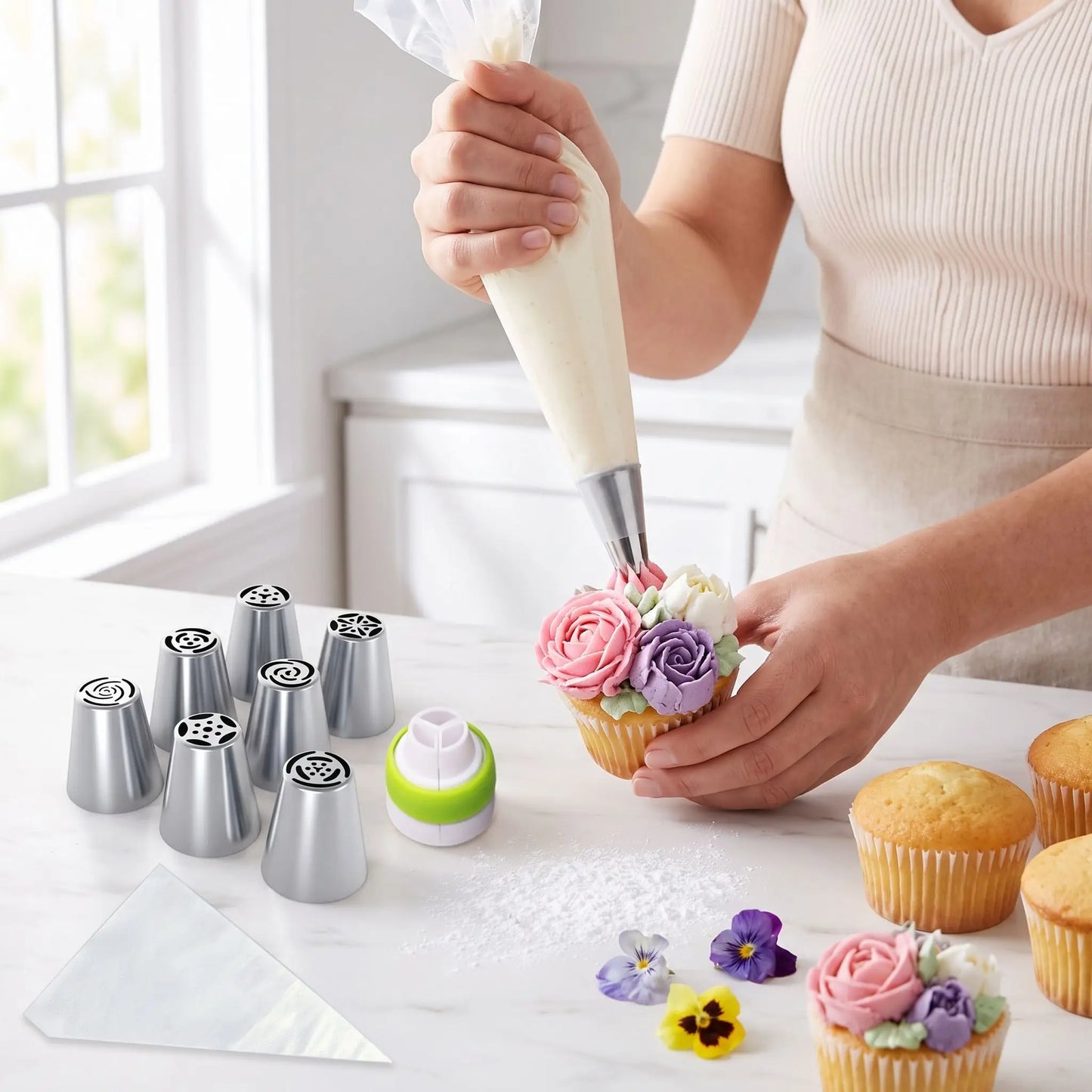 Femme décore cupcake avec Poche et douille dans cuisine 