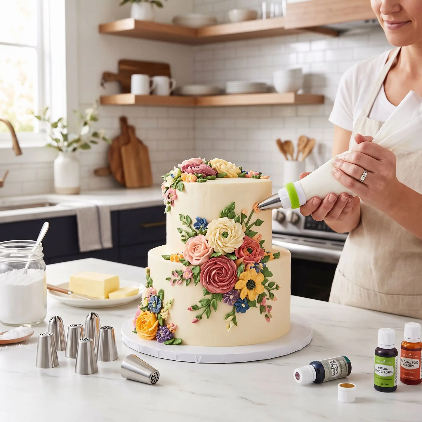 Femme décorant gâteau étage avec Poche et douille