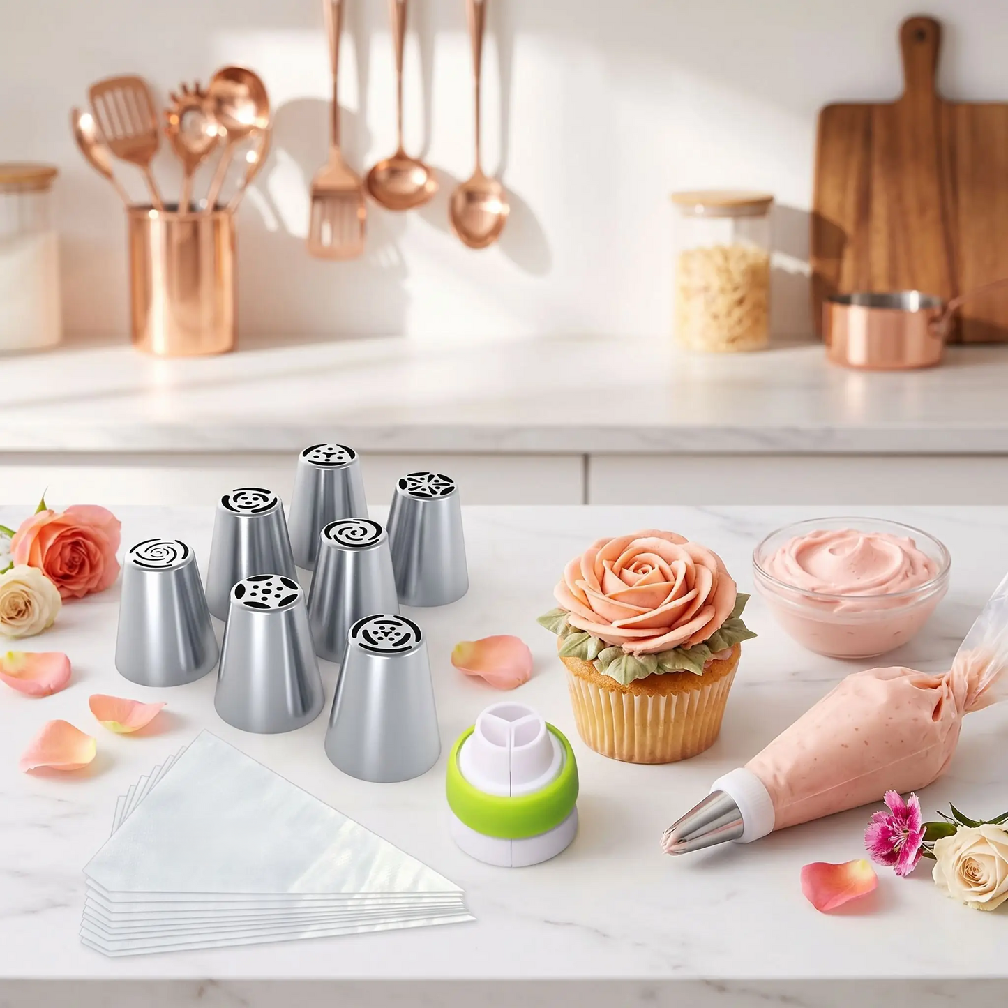 Poche et douille avec cupcake sur table cuisine