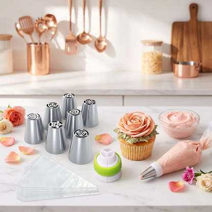 Poche et douille avec cupcake sur table cuisine