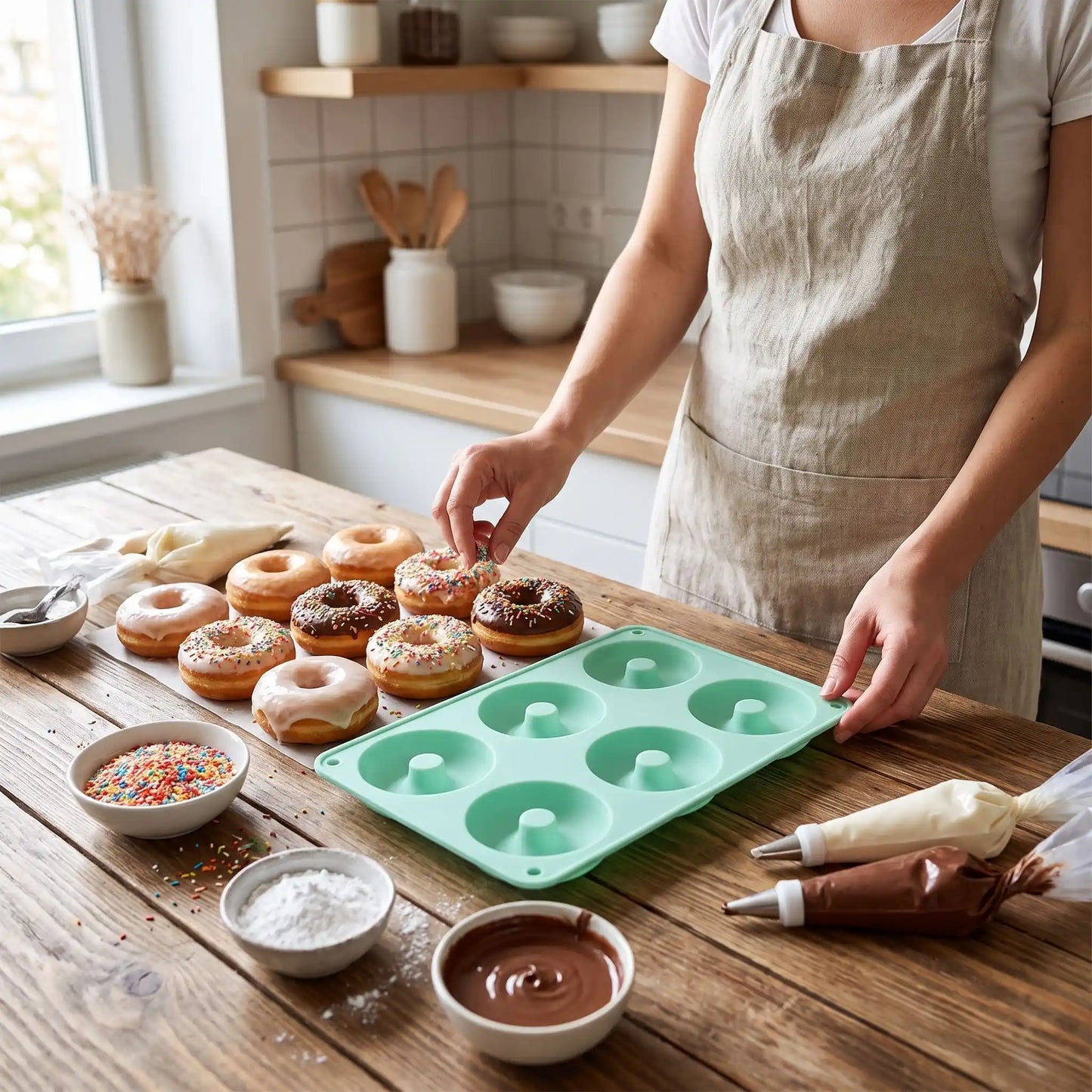 Femme décorant donuts avec Moule Donuts dans cuisine