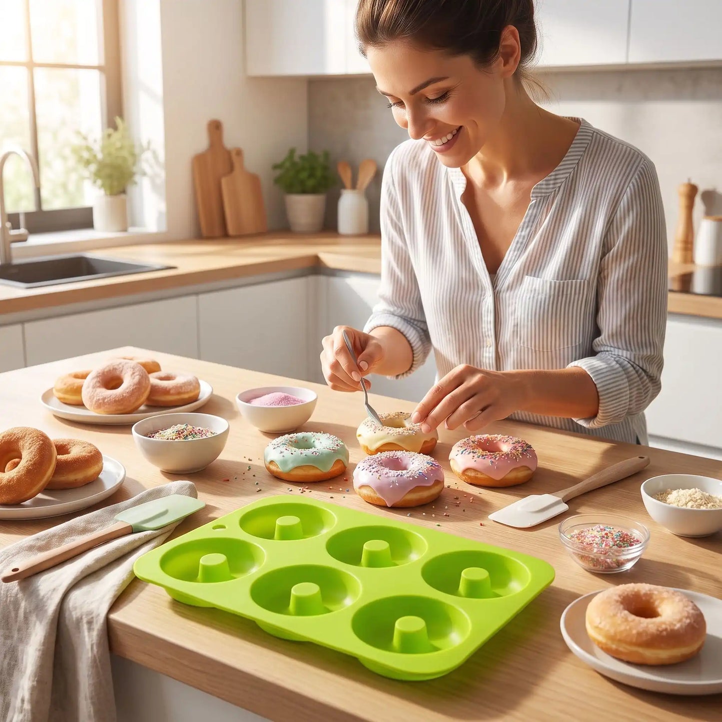 Femme décorant donuts dans cuisine avec Moule Donut 
