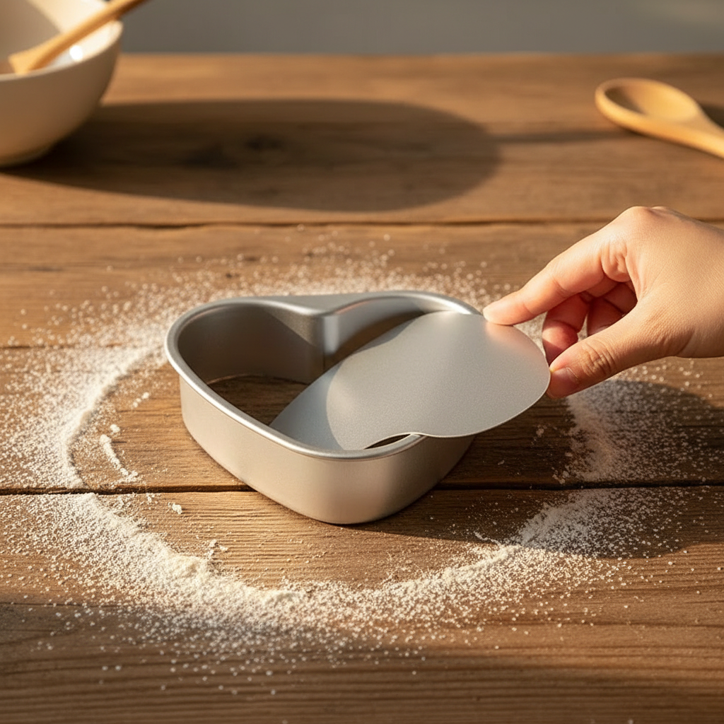 Moule a gateau coeur sur table bois fariné