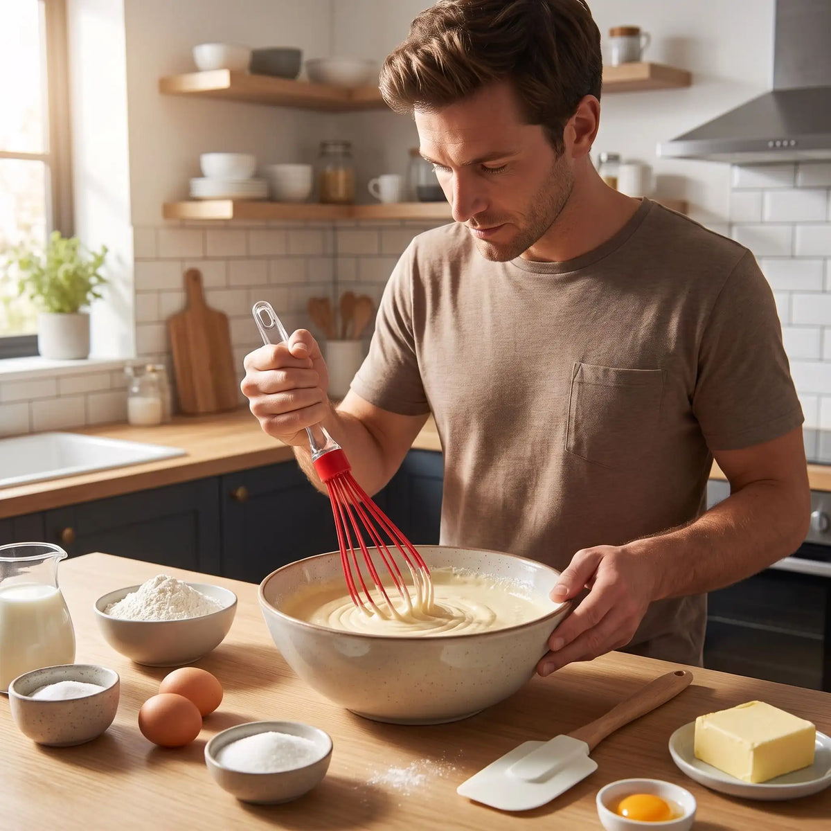 homme mélange ingrédients avec Fouet de cuisine rouge