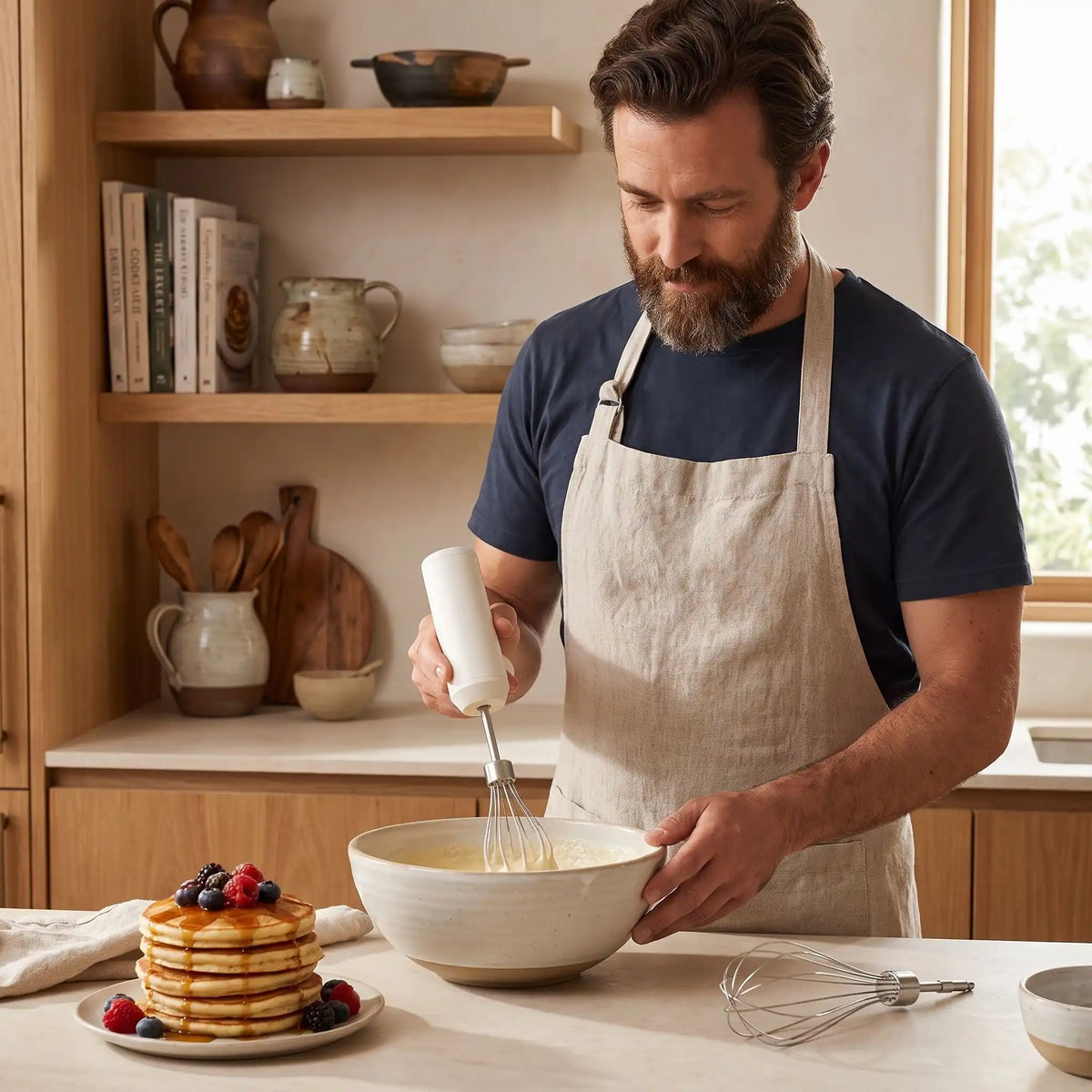 homme mélange préparation crêpe avec fouet électrique