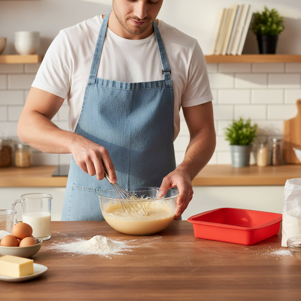 homme mélangeant ingrédient avec moule silicone carre