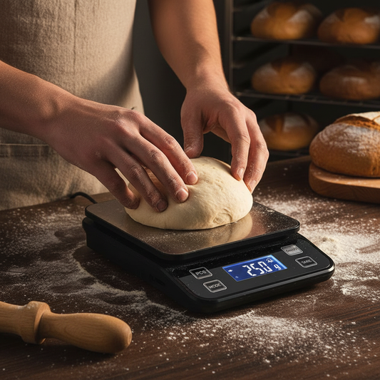 homme pèse pâte pain avec balance patisserie professionnelle