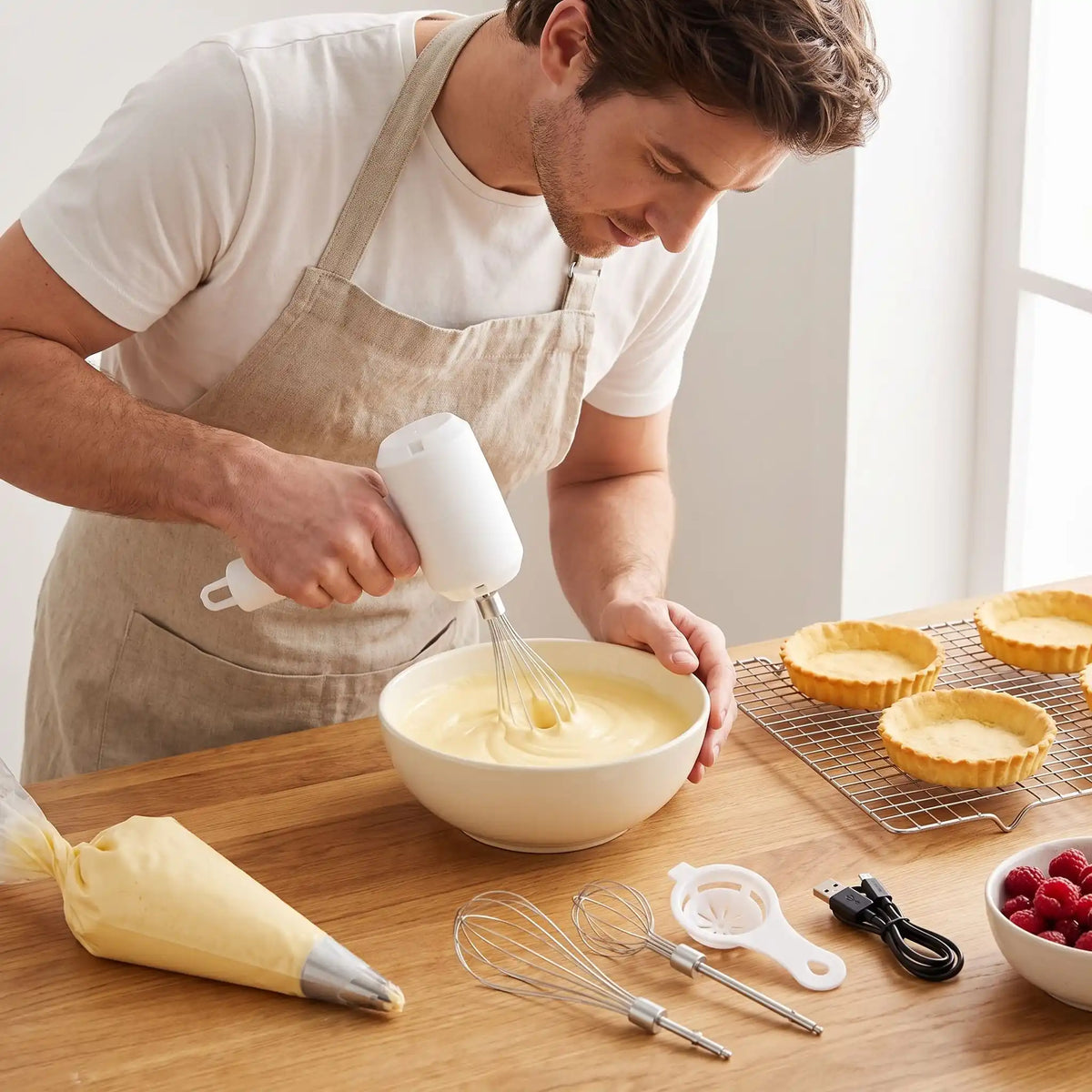 homme utilise fouet électrique blanc pour mélangé crème tarte