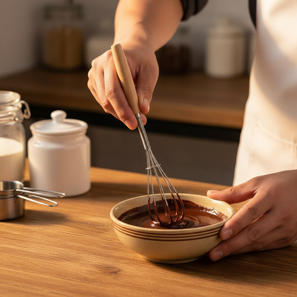 homme utilise mini fouet pour mélangé crème chocolat 