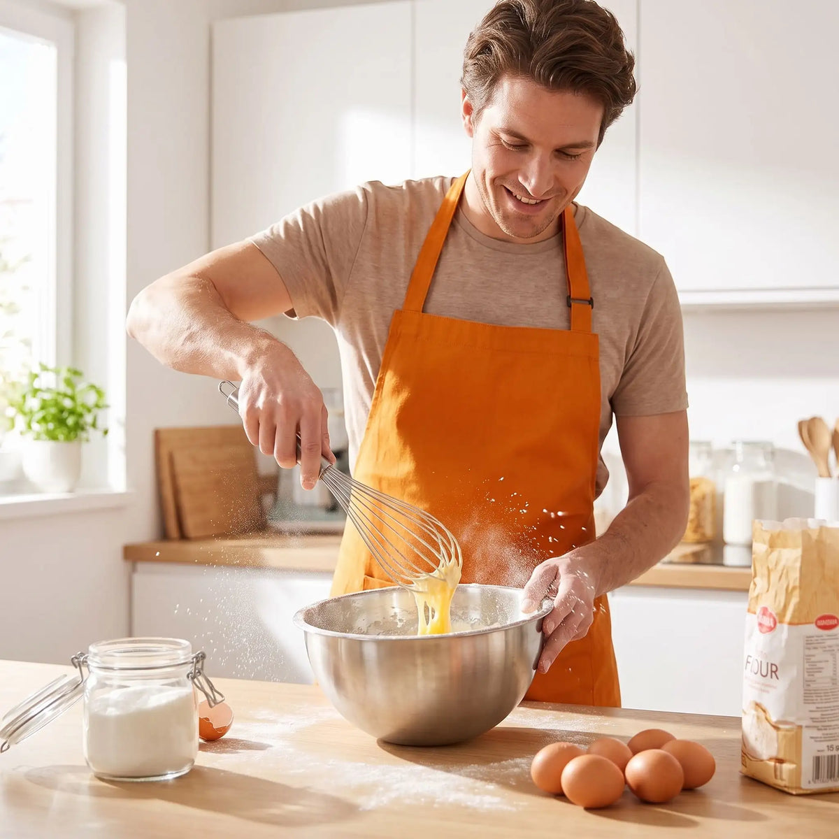 homme utilise fouet ballon pour mélangé préparation gâteau 