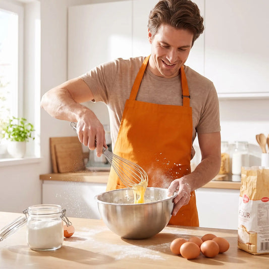 homme utilise fouet ballon pour mélangé préparation gâteau 