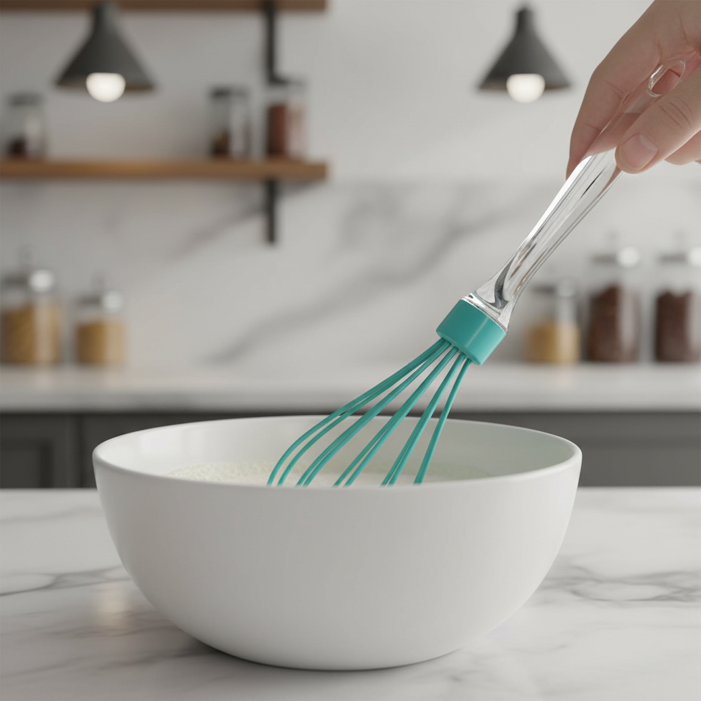 homme utilise Fouet de cuisine vert pour mélangé ingrédients
