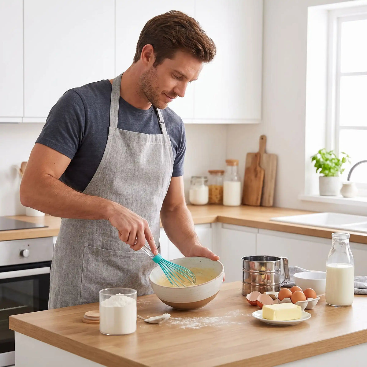 homme utilise Fouet de cuisine vert pour mélangé ingrédients