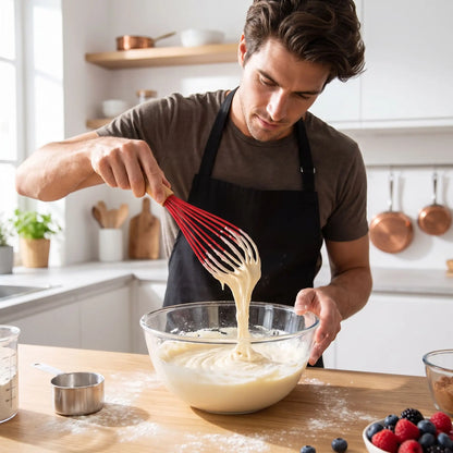 homme utilise Fouet patisserie rouge pour mélangé préparation