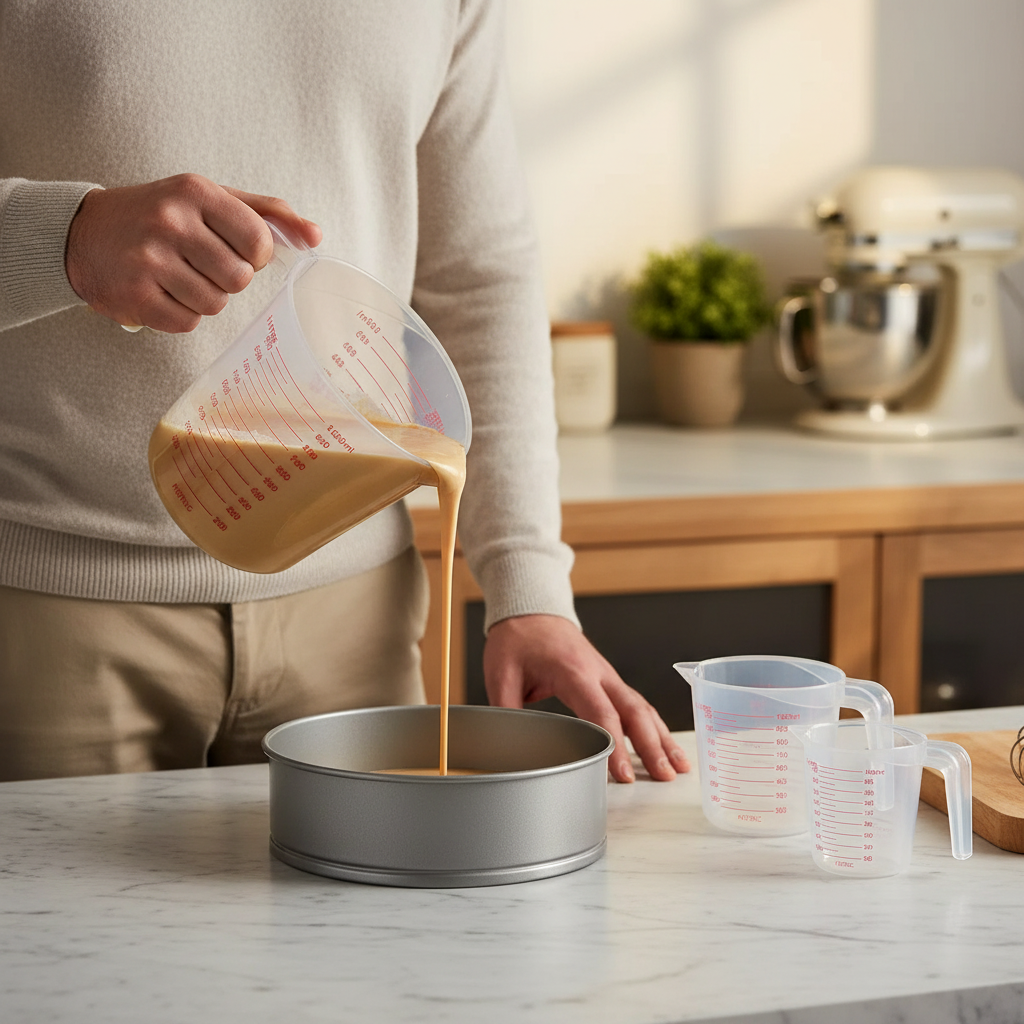 Homme versant pâte à gâteau avec verre doseur 