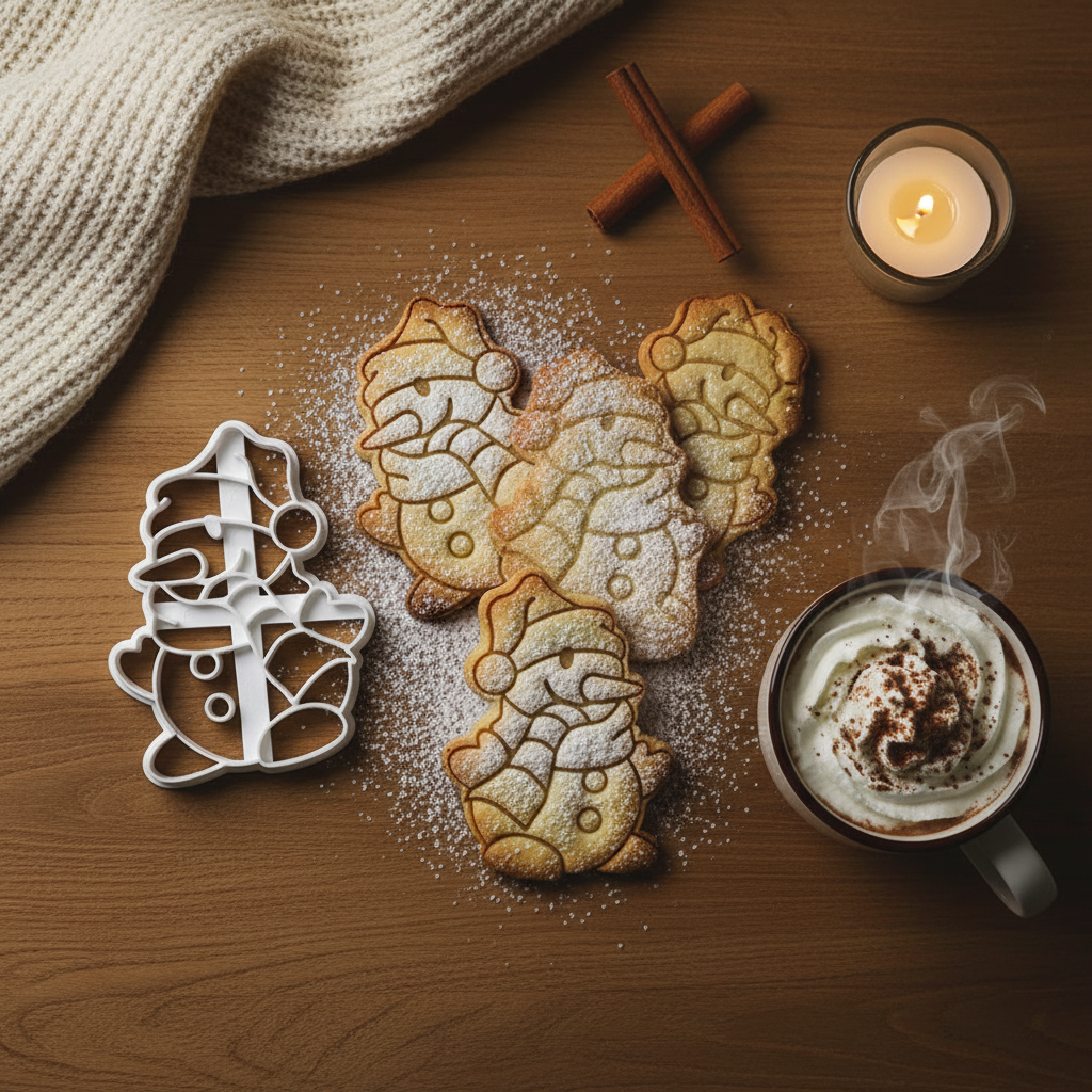 Emporte piece noel avec biscuit bonhomme neige sur table bois
