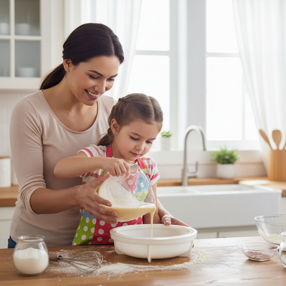 Mère et fille versant préparation pâtissière dans Moule entremet