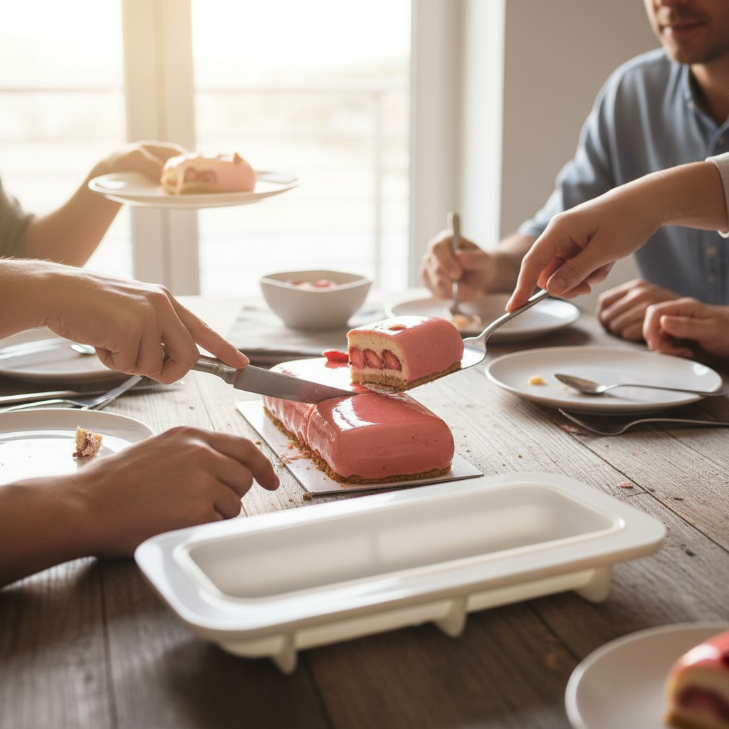 Personne découpe gâteau rose avec Moule entremet silicone