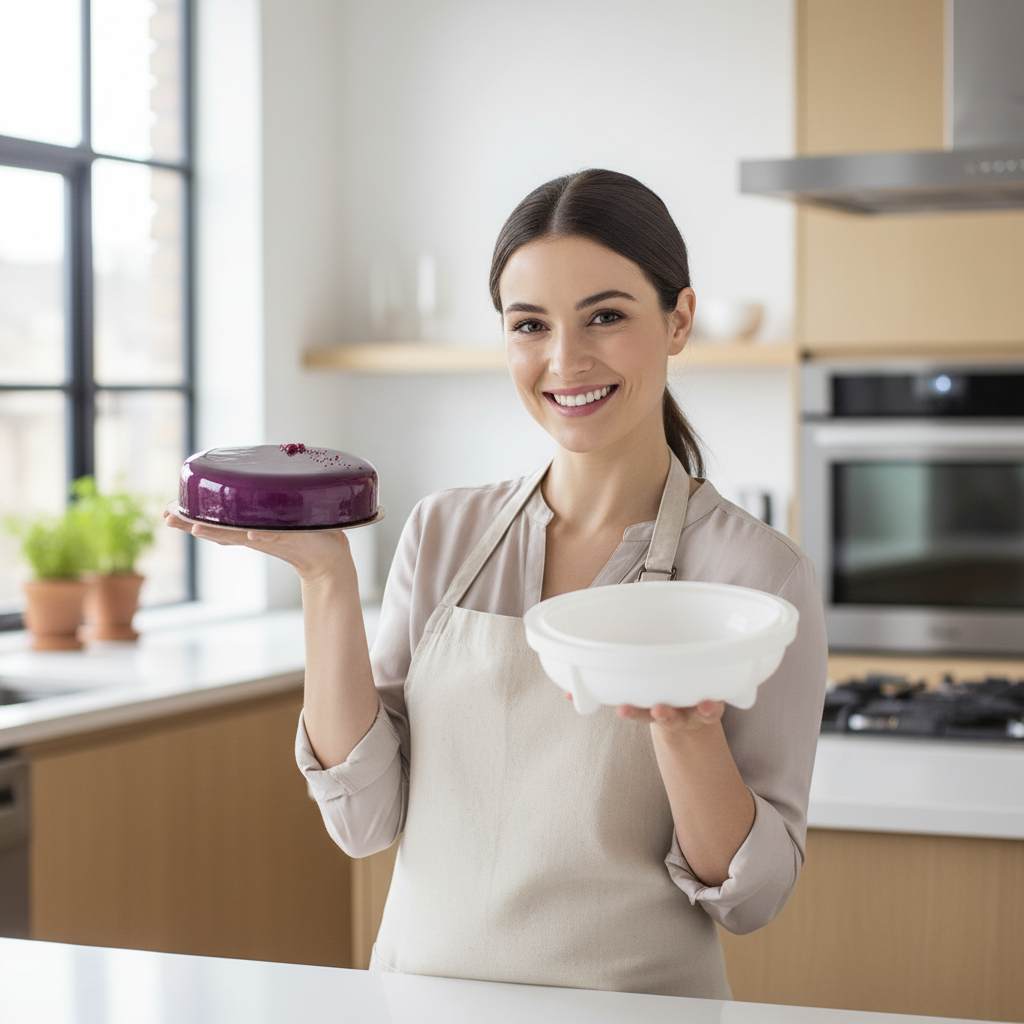Femme portant gâteau et Moule entremet