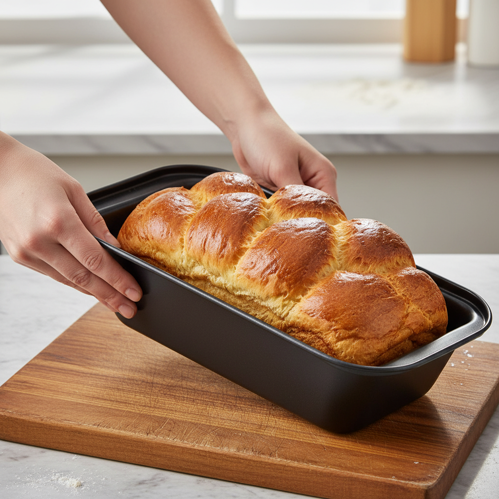 mains déposant moule a brioche sur planche en bois 