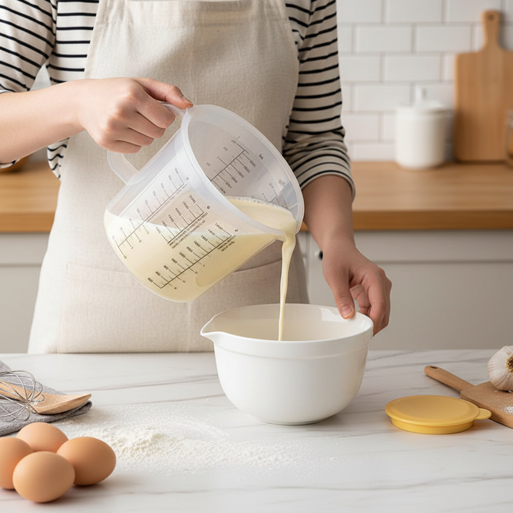 versement crème pâtisserie dans bol avec Verre Doseur
