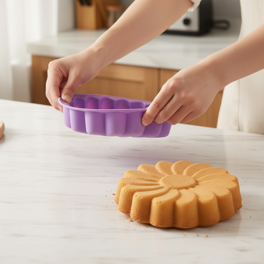 Démoulage Moule Fleur Silicone violet avec gâteau sur table cuisine