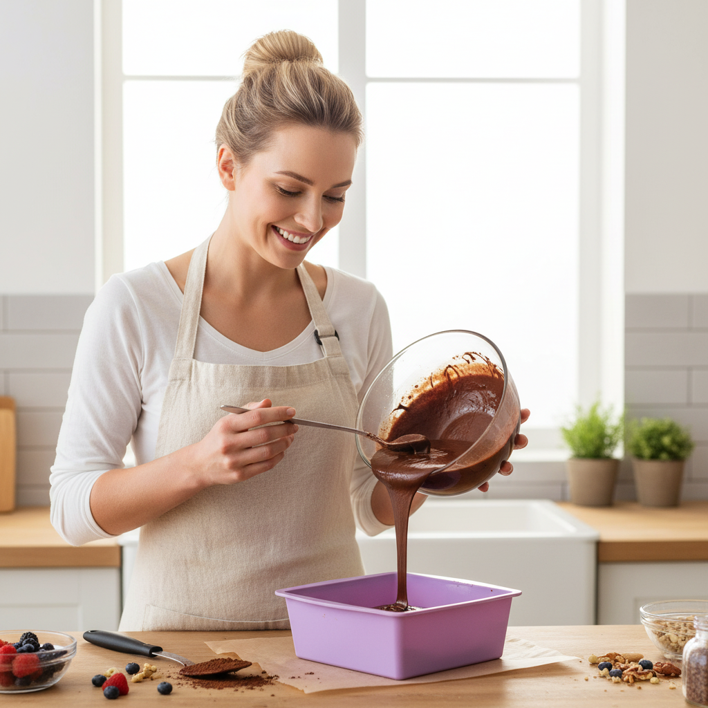 Femme versant pâte brownie dans Moule Carré Silicone