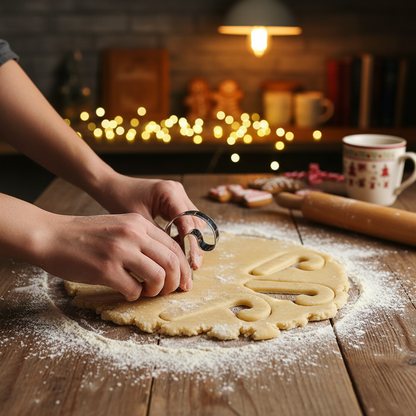 Mains découpant la pâte avec Emporte pièce noel CANNEINOX™