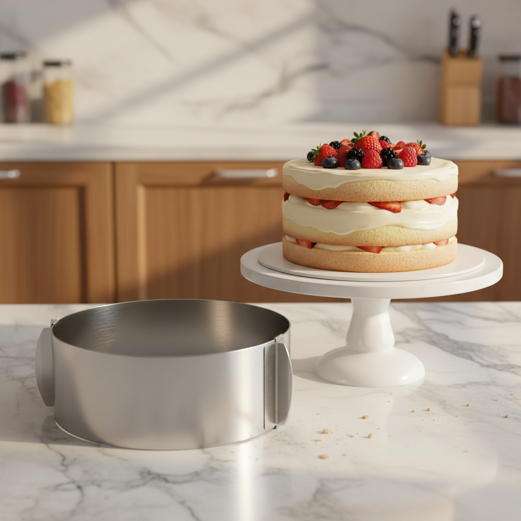 Cercle pour patisserie réglable inox avec gâteau démoulé sur marbre 