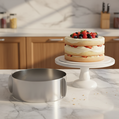 Cercle pour patisserie réglable inox avec gâteau démoulé sur marbre 