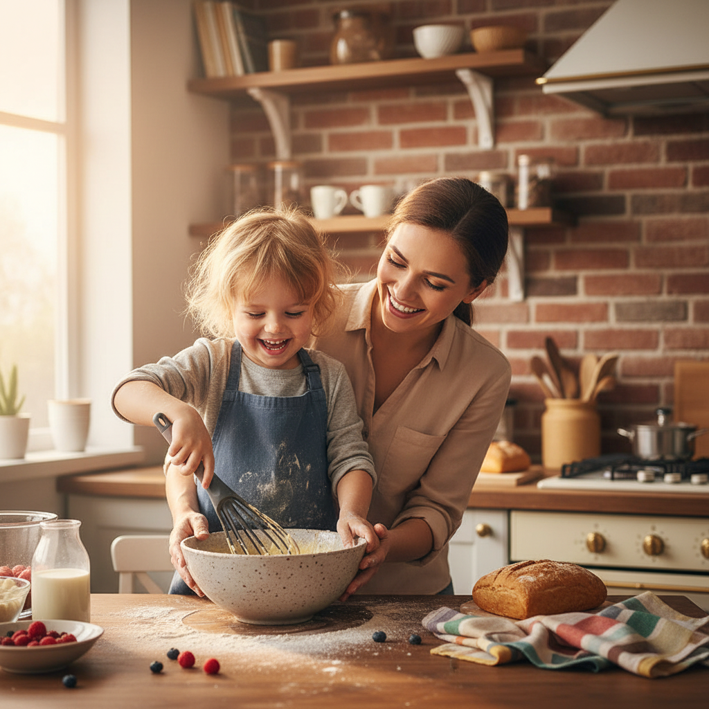 Mère et fils mélange pâte gâteau dans cuisine