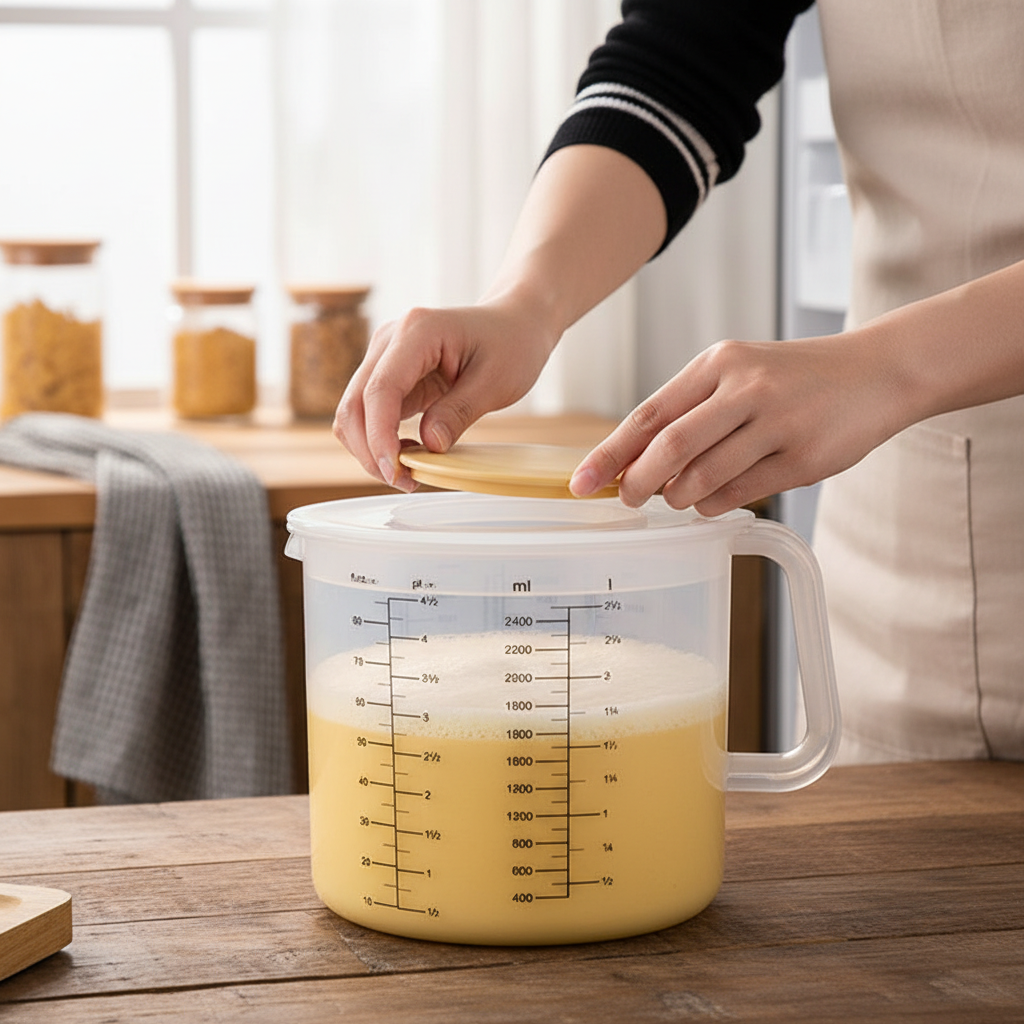 Verre doseur avec couvercle sur table en bois dans cuisine 