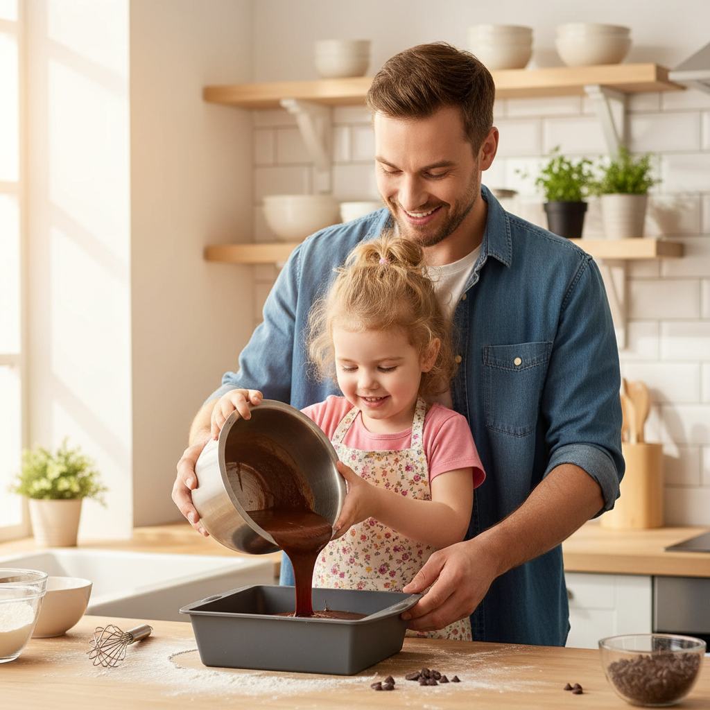 Père et fille versant pâte brownie dans moule silicone carre 