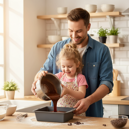 Père et fille versant pâte brownie dans moule silicone carre 