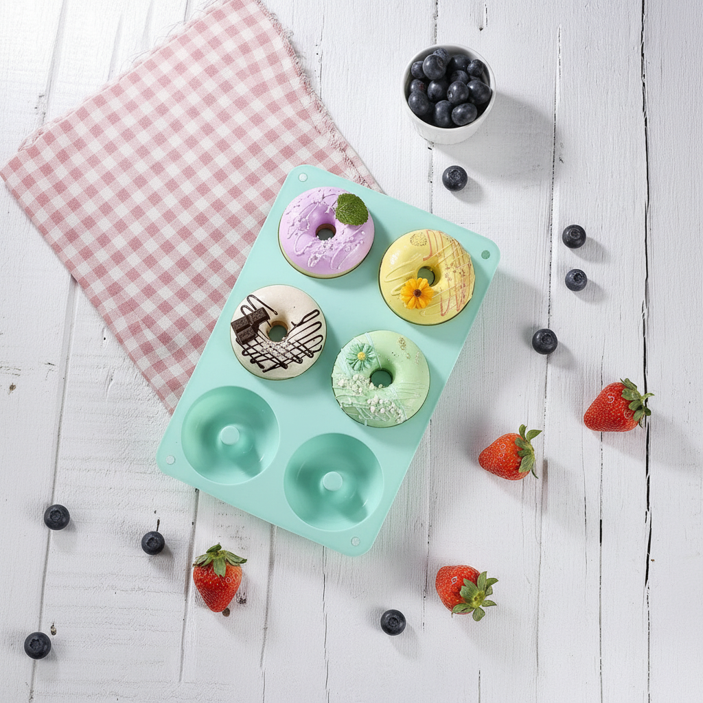 Moule Donuts vert menthe posé sur table bois blanc