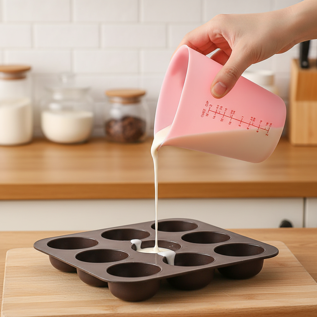 Mains verse préparation pâtissière dans moule avec Verre mesureur