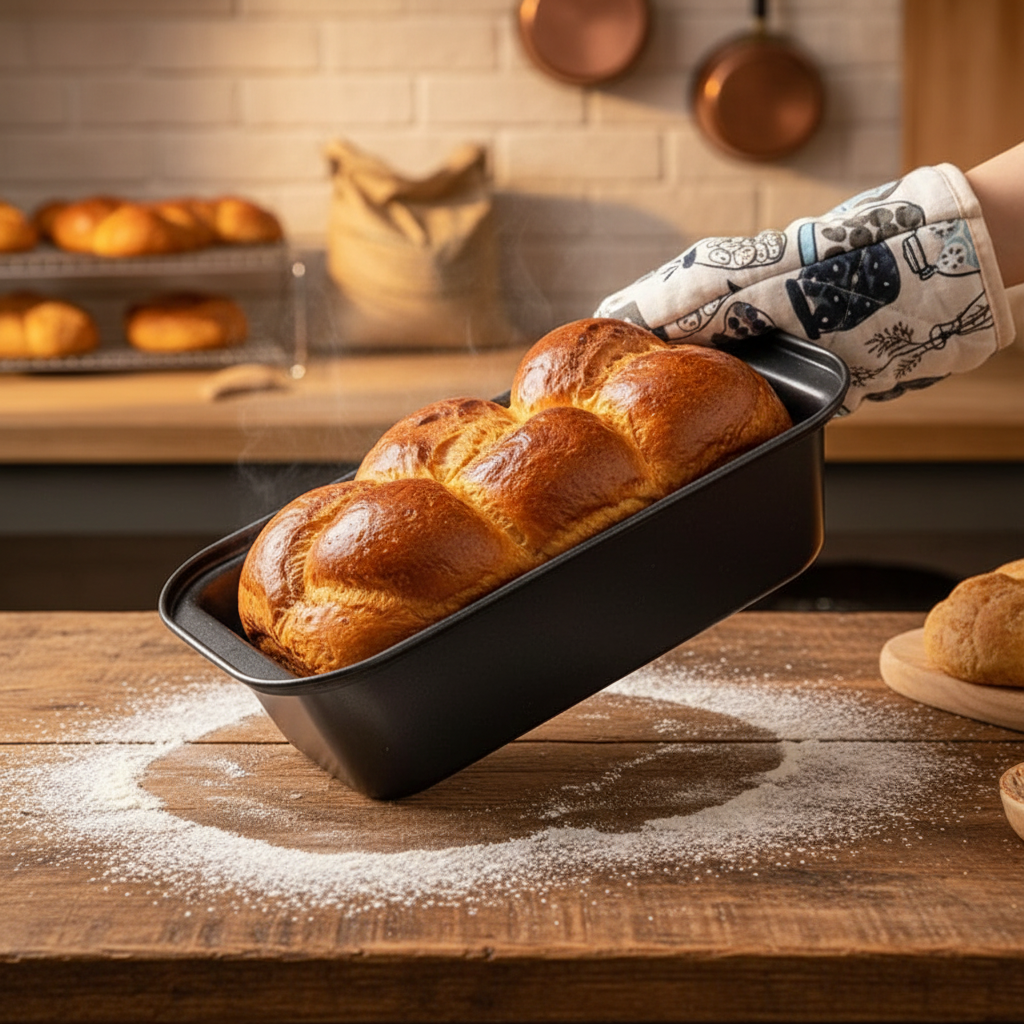 Moule a brioche antiadhésif avec brioche sur table en bois